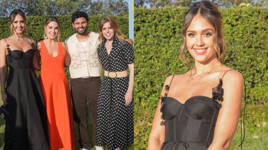 Jessica Alba Favors Romantic Embellishments in Zimmermann Corset Dress Alongside Princess Beatrice in Polka Dots at Spotify Party in Cannes