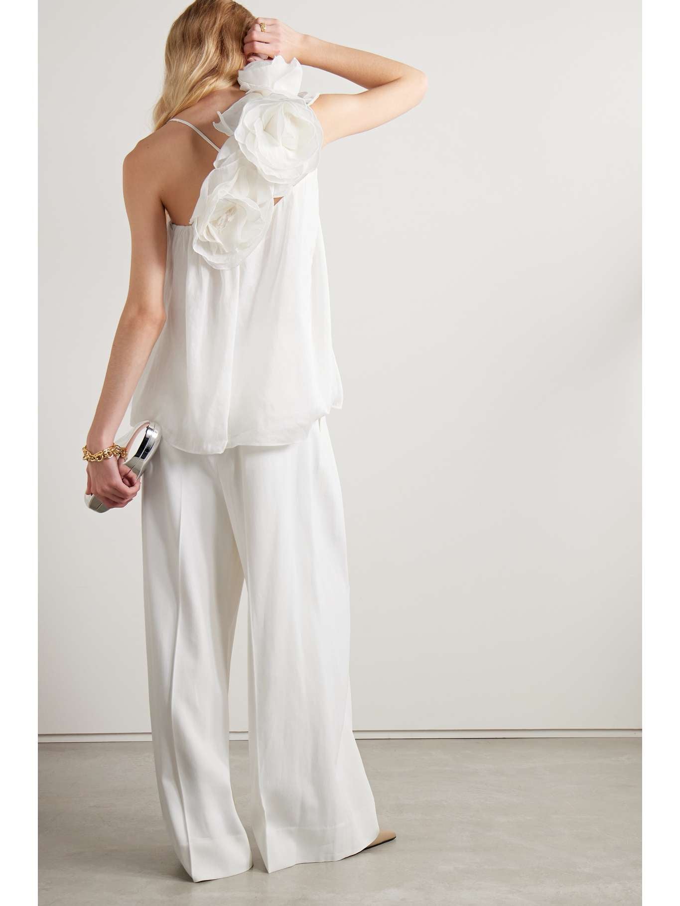 AJE.
Quintessa one-shoulder appliquéd linen and silk-blend crepon top