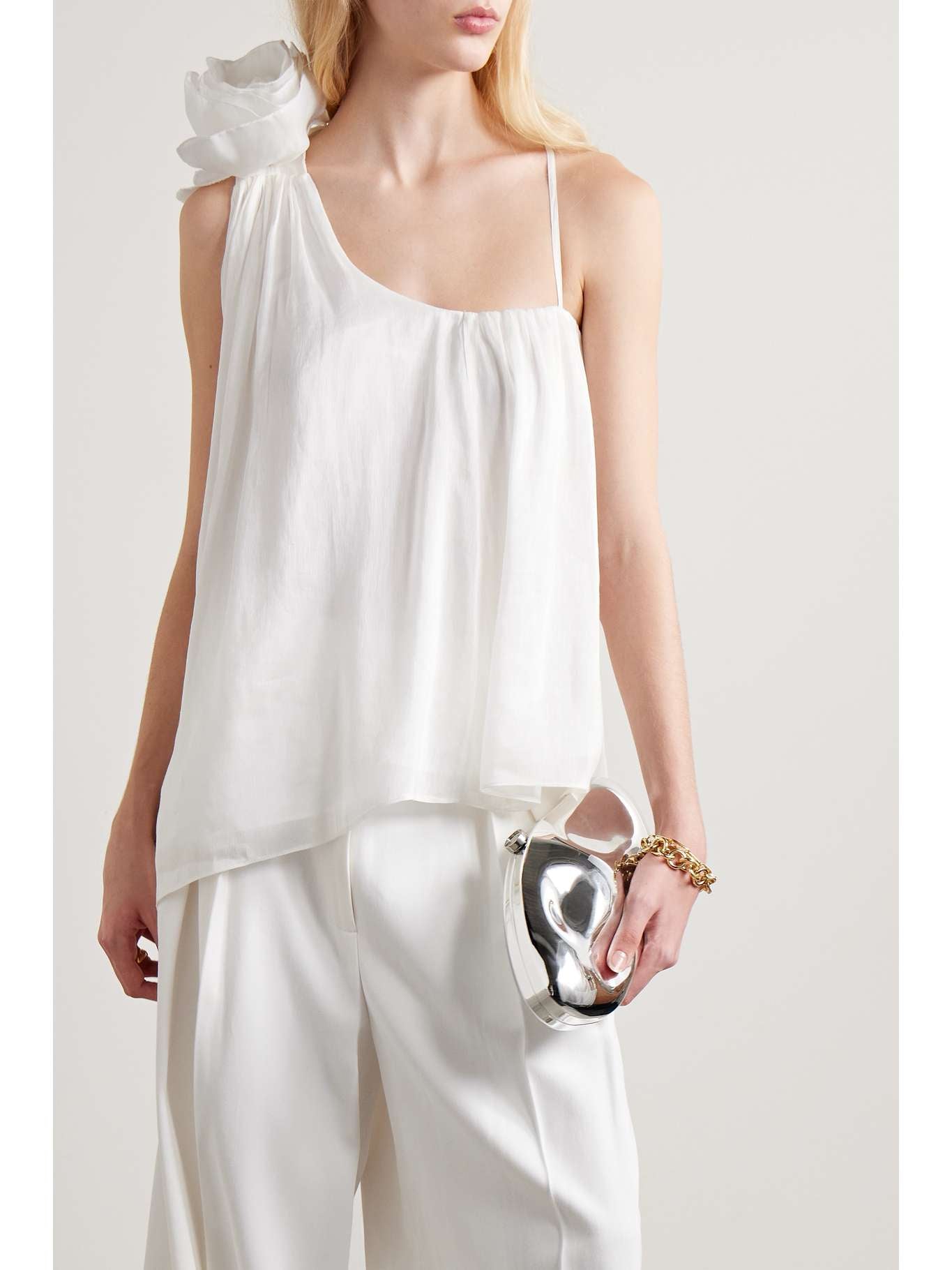 AJE.
Quintessa one-shoulder appliquéd linen and silk-blend crepon top