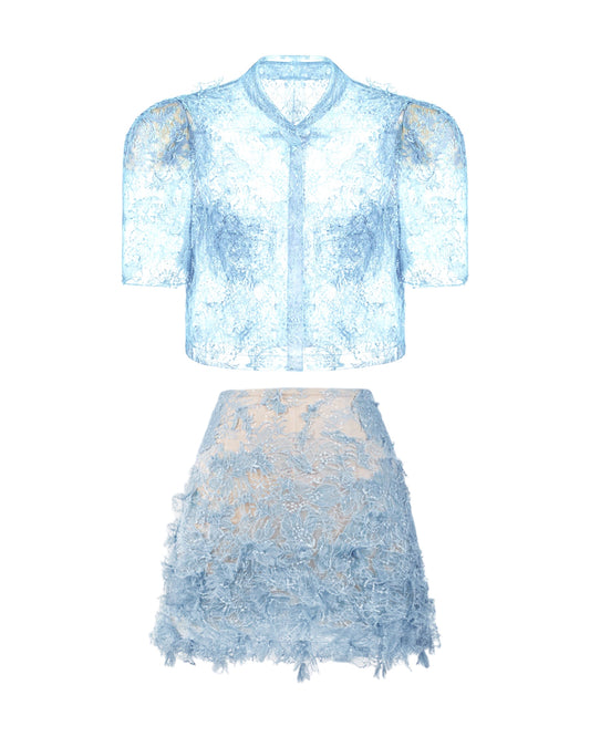 LOBBSTER (MONTSAND) Blue Beaded Lace Top and skirt