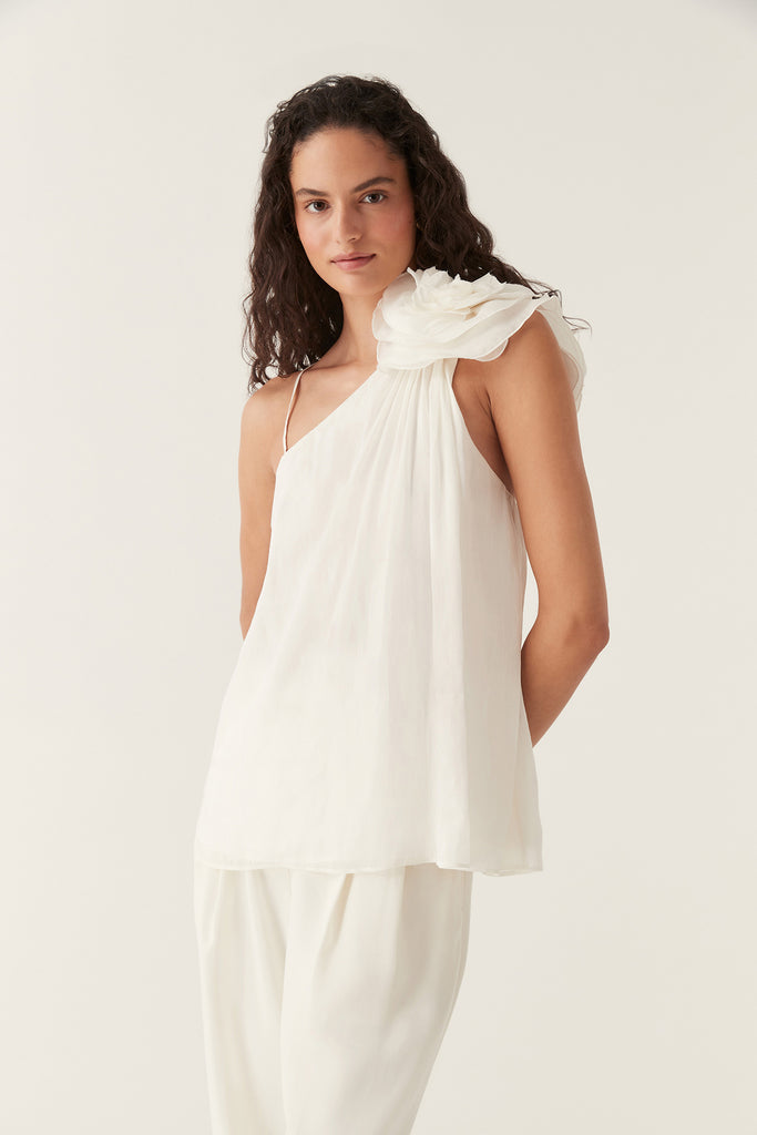 AJE.
Quintessa one-shoulder appliquéd linen and silk-blend crepon top