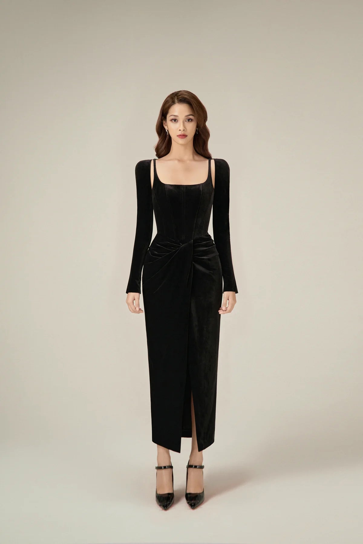 LOBBSTER BLACK VELVET DRAPED DRESS