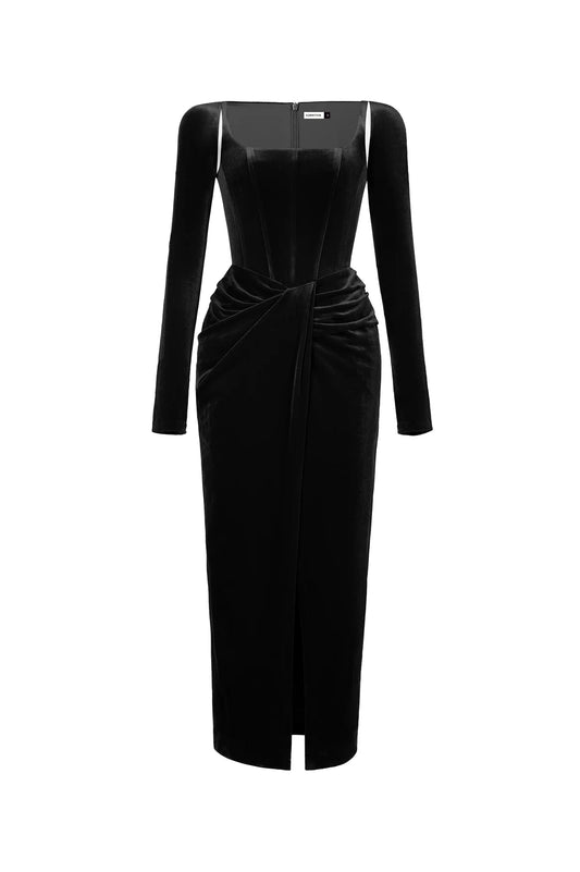 LOBBSTER BLACK VELVET DRAPED DRESS